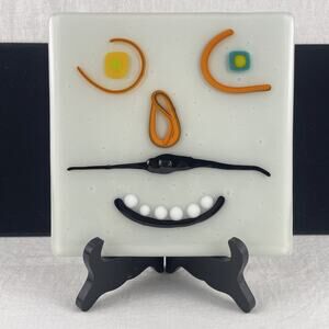 Handmade Fused Glass Face Art Plate 7" Signed I Sheldon 2015 Modern Whimsical